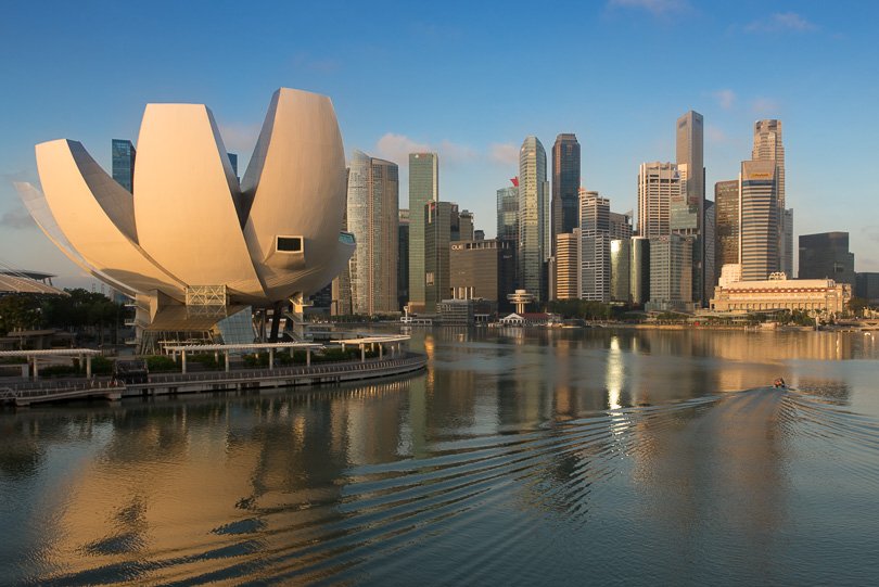 Singapur, Marina Bay, Highlights, Skyline, ArtScience Museum beim Sonnenaufgang, Singapore
