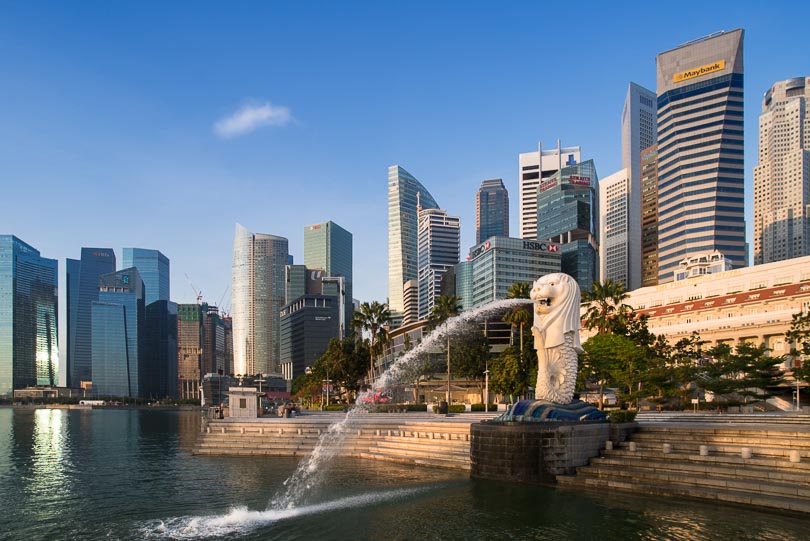 Singapur Highlights, Merlion an der Marina Bay, Sonnenaufgang, Sehenswuerdigkeiten