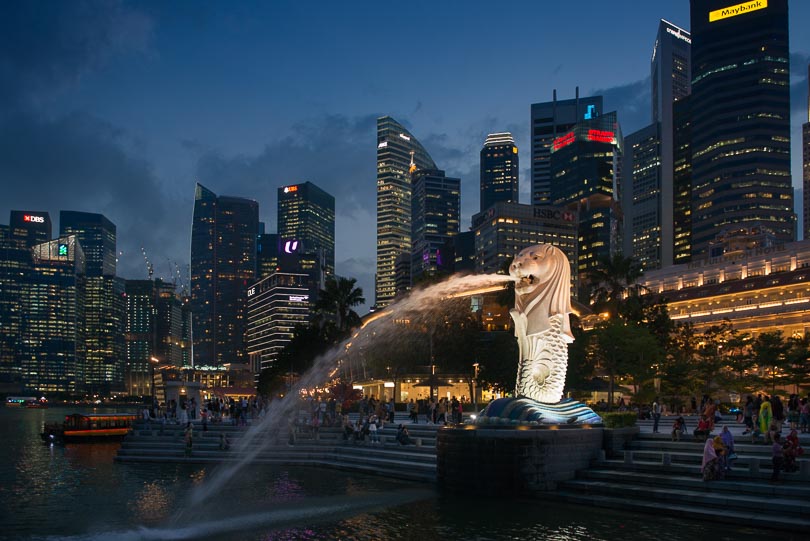 Singapur, Marina Bay, Merlion, Skyline, Night, Nachtaufnahme
